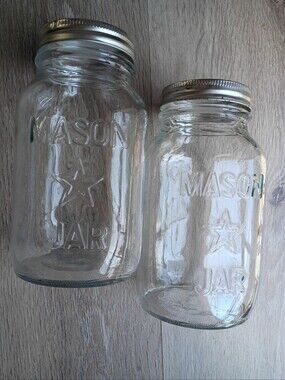 Vintage STAR Mason Jars Clear Glass Set of 2 Embossed Seals & Rims Included 70's
